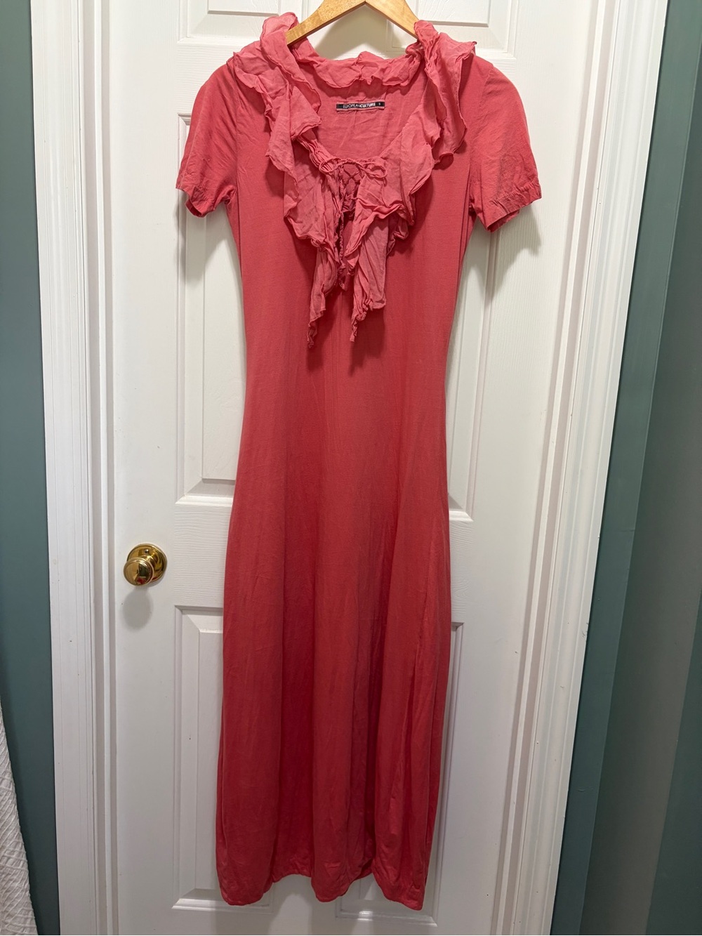 European Culture Coral Pink Ruffled V-Neck Dress